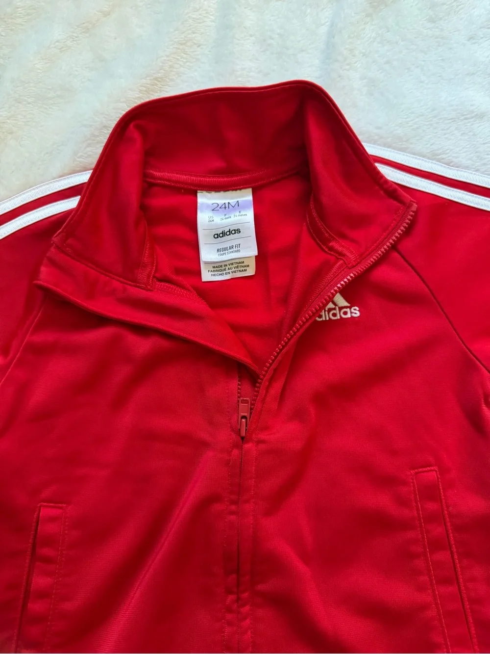 adidas Kids Red Track Jacket & Joggers Set with White Stripes